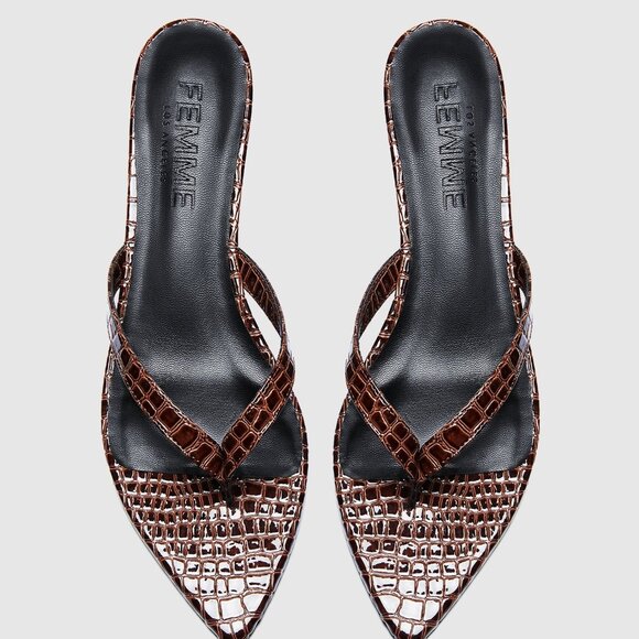 New FEMME LA Ginza Thong Slipper in Brown Croc skin kitten heel sandal open toe - Picture 4 of 10
